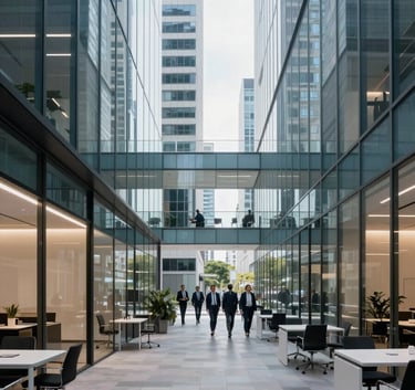 A wide shot of a modern, professional corporate office in a Latin American city center. Clean glass walls, minimalist furniture, and a group of professionals in the distance. The lighting is bright and airy with soft navy blue tones.