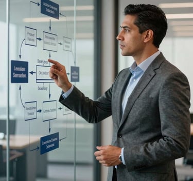 A professional Latin American consultant in a grey suit explaining a process map on a glass wall. High-end corporate environment, professional and focused atmosphere, with dark gray and navy blue accents.