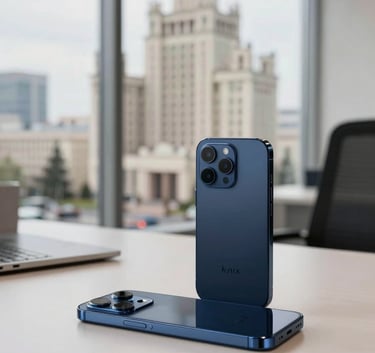 A sophisticated lifestyle photography shot of a high-end smartphone on a desk in a bright Kyiv office. The background is a soft-focus view of contemporary Eastern European / Ukrainian urban architecture. Palette dominated by dark blue and off-white tones.