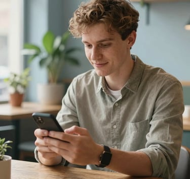 Candid photography of a young professional using a smartphone in a modern, plant-filled Eastern European / Ukrainian coffee shop. Natural morning light creates a warm, approachable atmosphere. Subtle muted blue and light blue details in the environment.