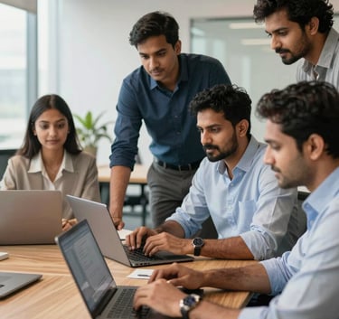 A group of diverse South Asian IT professionals collaborating in a bright, modern open-plan office in India. They are gathered around a sleek wooden desk with high-end laptops, conveying a sense of teamwork and premium quality.