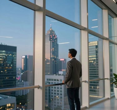 A cinematic wide shot of a modern, glass-walled office interior in a South Asian tech hub. A professional man in a smart-casual blazer stands by a window looking over a city skyline at dusk. Deep blue and off-white color palette.