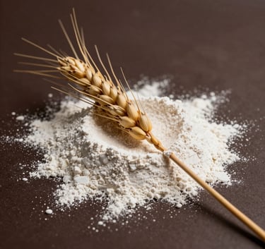 Macro photography of a wheat stalk resting on a dusting of flour over a dark chocolate brown surface, minimalist and elegant, professional studio lighting.