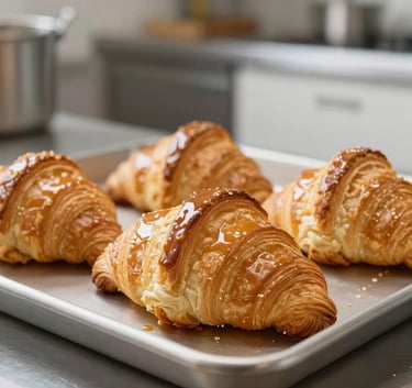 Close-up of golden, flaky croissants being glazed by an artisanal baker in a clean, modern kitchen setting, soft focus on the background, South American / Brazilian context.