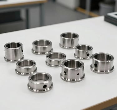 A collection of complex milled metal parts arranged neatly on a clean white surface. The parts show high-quality surface finishes, shot with professional studio lighting in a European industrial setting.