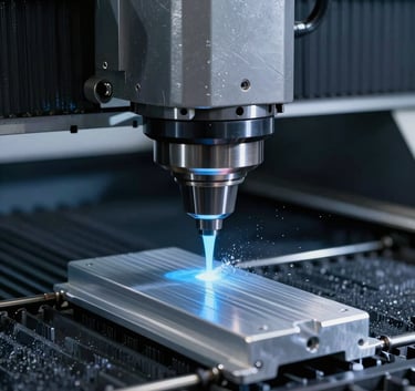 A dynamic shot of a CNC milling machine head in action, cutting through solid aluminum with a stream of light blue coolant. Precision engineering environment in Spain, featuring a clean, dark industrial aesthetic with Midnight Blue shadows.