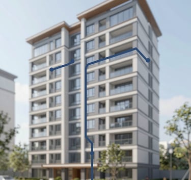 External view of a modern apartment complex with a clean architectural design, overlayed with a schematic of a sanitary connection network in professional technical blue #4F6D7A.