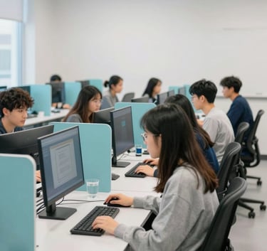 A wide shot of a modern computer lab in the US with sleek desks and ergonomic chairs, students working collaboratively in a bright, clean, and inspiring environment, featuring dark blue and light aqua accents.