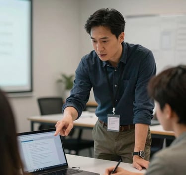A focused instructor pointing to a laptop screen while explaining a concept to an engaged adult student in a professional North American training center, soft professional lighting, modern interior.