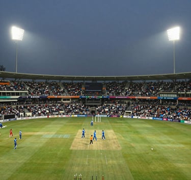 A wide-angle evening shot of a packed cricket stadium in India, illuminated by bright floodlights against a dark sky, vibrant energy with a premium aesthetic.