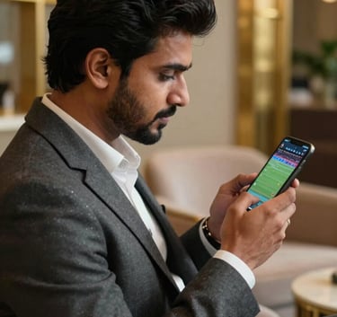 A sophisticated South Asian individual in a premium dark grey blazer looking at a smartphone screen displaying live sports statistics in a luxury lounge with gold highlights.
