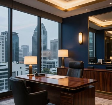 A sophisticated, high-end private office overlooking the modern Bangkok skyline at dusk. The interior features deep navy walls, warm gold light fixtures, and polished dark wood furniture. The atmosphere is quiet, exclusive, and professional.