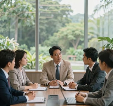 A group of professionals in tailored business attire having a focused discussion in a contemporary Thai boardroom. Large glass windows reveal lush greenery outside. Soft morning light and a palette of champagne and muted blue.