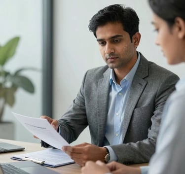 A professional South Asian insurance advisor in a sharp business suit sitting in a modern office, explaining documents to a corporate client. The atmosphere is trustworthy and professional, with a light grey and medium blue color palette in the decor.