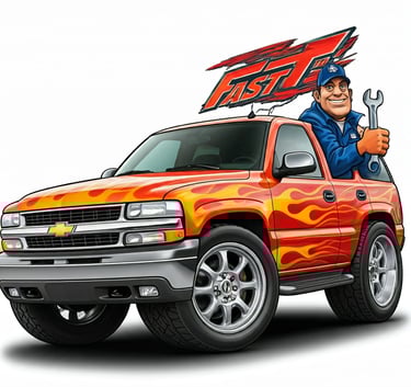 Fast T's Mobile Battery Service Truck cartoon with a Mechanic and a wrench 