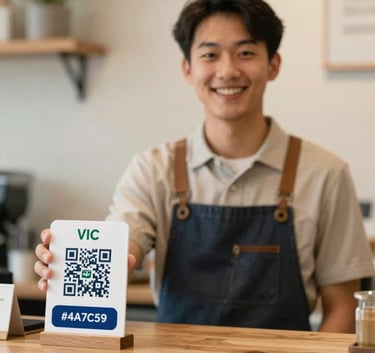 A local merchant in Vic smiling while showing a QR code stand on a wooden counter. Modern photography, clean lines, warm lighting, showing community connection. Incorporates #4A7C59 and #1A202C colors in the decor.
