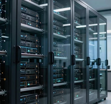 Photography of a high-tech glass-walled data center with cool blue and charcoal gray tones, atmospheric lighting in a high-tech corporate setting, Global / Corporate.