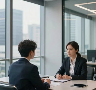 Photography of a professional consultation in a modern corporate office with metallic silver accents, clean lines, and large glass windows overlooking a city, Global / Corporate.