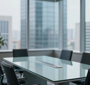 Modern corporate boardroom in a Bengaluru high-rise, featuring a large glass table and ergonomic chairs. The mood is professional and ambitious, with cool daylight and a color scheme focusing on #2D3748 and #F7FAFC to denote trustworthiness and modern efficiency.