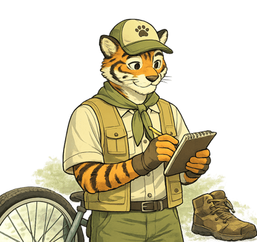 An adult scout leader holding a notebook beside a bicycle after an outdoor activity.