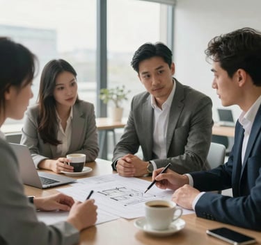 A professional business meeting in a bright, modern office in the UK, individuals discussing architectural plans over coffee, soft natural lighting.