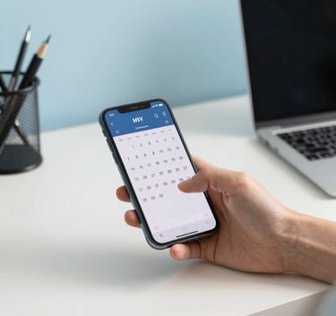 A person in a sunny North American / US home office using a smartphone to manage a busy calendar. The aesthetic is clean and modern, with soft sky blue desk accessories and a minimalist vibe that suggests productivity and ease.