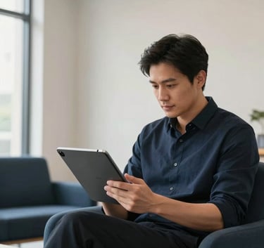 A focused professional in a modern North American / US tech office, interacting with a sleek Android tablet. The room features clean lines, a soft off-white wall, and subtle dark navy blue accents in the furniture. Natural light from a large window creates a bright, innovative atmosphere.