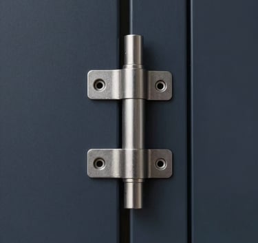 A minimalist architectural detail of a heavy-duty industrial door hinge, polished steel against a Dark Navy surface, sharp focus, modern industrial photography style.