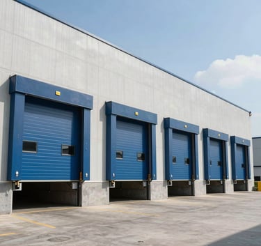 A wide shot of a modern industrial warehouse at midday, featuring high-speed rolling doors in Steel Blue, clean concrete exterior, professional atmosphere, International / Global.