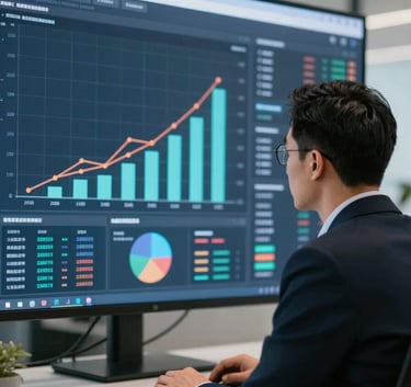 A professional in business attire looking at a large digital screen displaying complex data analysis and growth charts in a sophisticated office setting, Global Business / Corporate.