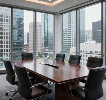 A wide-angle perspective of a modern executive boardroom with a polished dark wood table and floor-to-ceiling windows overlooking a global financial district, Global Business / Corporate.