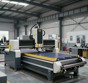 Wide-angle shot of an industrial warehouse floor in North American / Industrial setting featuring advanced CNC sheet metal fabrication machinery, sleek steel gray and solar yellow highlights.