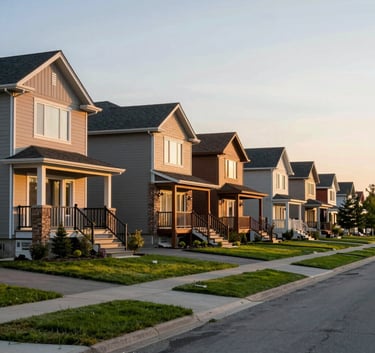 A beautiful residential street in an Ontario suburb featuring modern Canadian architecture and well-kept lawns during the golden hour, symbolizing the dream of home ownership.