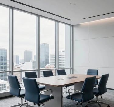 A wide shot of a bright, modern corporate meeting room in a North American high-rise. The aesthetic is clean and professional with floor-to-ceiling windows. The color palette features light grey and muted blue accents.