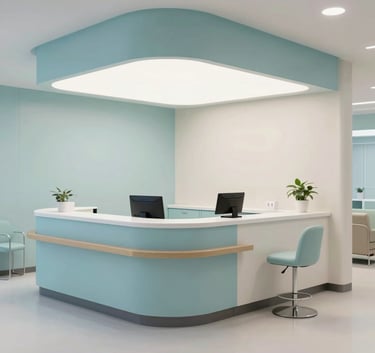 A bright, sterilized modern North American medical clinic reception area with light blue and off-white accents, minimalist furniture, and soft professional lighting.
