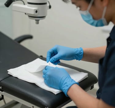 Close-up of a professional cleaning staff member in North American medical attire wearing blue gloves and a mask, carefully sanitizing a high-tech exam table.