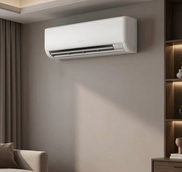 An interior shot of a modern, stylish North American living room with a focus on a high-wall mounted split air conditioning unit that fits seamlessly with the decor.