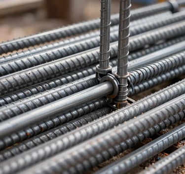 A detailed photograph showing the precision of bar bending and steel fitting on a construction site in South Asia, silver metal rods intertwined with expert craftsmanship.