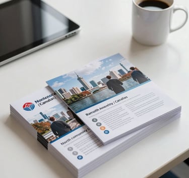 A top-down view of a modern desk in a Toronto office featuring a stack of professionally designed community flyers, a tablet, and a coffee mug, bright natural light, professional North American / Canadian setting.