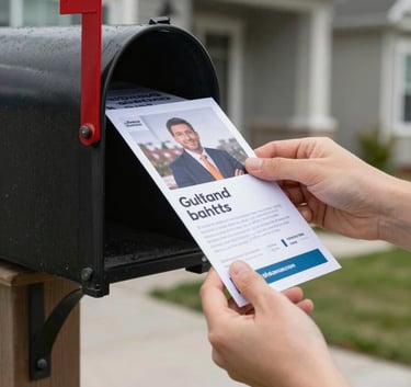 A hand placing a high-quality, colorful business flyer into a sleek mailbox at the entrance of a modern Canadian suburban home, soft daylight, professional photography.