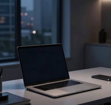 A minimalist, high-tech desk setup in a North American / US home office with a sleek laptop, soft midnight navy lighting, and a view of a modern urban evening.