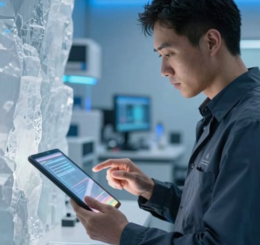A professional in a North American / US tech lab interacting with a clear holographic tablet, surrounded by ethereal ice-white walls and vibrant azure accent lighting.