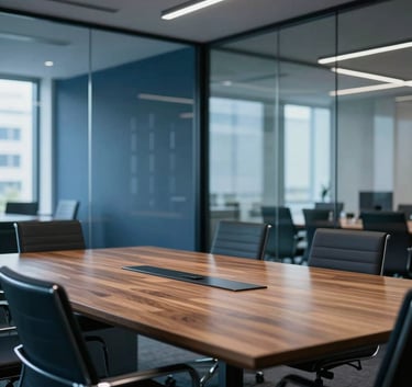 Professional photography of a sleek, modern business conference room in a Central European office. Soft daylight illuminates a polished wooden table and glass partitions, conveying a sense of transparency and high-level strategy. The color palette includes shades of dark blue and steel blue.