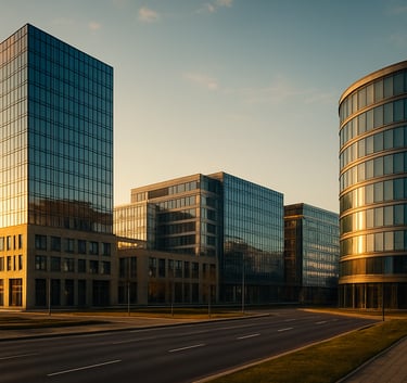 A wide-angle landscape photograph of a modern commercial district in Slovakia during golden hour. The architecture is a mix of contemporary glass structures and solid foundations, emphasizing stability and progress in a Central European setting.