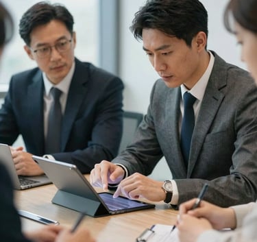 A professional business meeting in a bright North American boardroom, focusing on two confident professionals discussing a strategy over a digital tablet, soft blue lighting.
