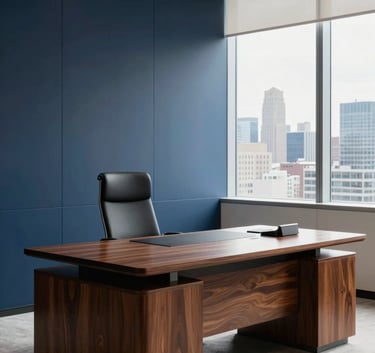 A high-end, minimalist North American executive office with a polished mahogany desk, soft natural light, and a view of a clean city skyline, featuring deep blue and off-white tones.