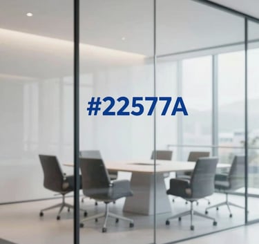 A minimalist, elegant meeting room in a Parisian office building, glass walls, modern furniture, reflecting a premium consulting firm atmosphere. Palette includes subtle touches of brand blue #22577A and white, professional and calm lighting.