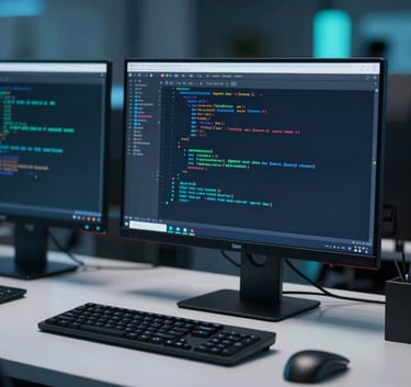 A high-tech, modern office environment with blurred computer screens displaying lines of code in the background. In the foreground, a sleek professional workspace with a clean desk. Lighting is sophisticated with deep blue and teal highlights (#0F1D33, #4CAF9D) to match the Cybertic brand mood.