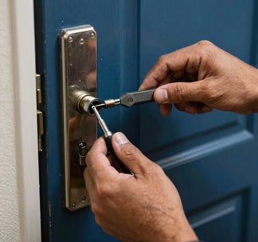 A close-up high-quality photo of a professional locksmith's hands using precision tools to repair a door lock. The scene is illuminated with professional lighting showing metallic textures. South American / Brazilian residential setting, colors featuring indigo and amber highlights.