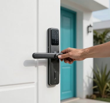Photography of a modern Brazilian house entrance with a locksmith installing a high-security electronic lock. Daytime, clear lighting, professional and clean aesthetic with white and cyan tones.